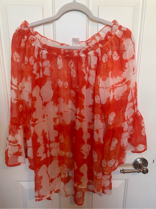 Forgotten Grace Tops - Forgotten Grace Women's Off-Shoulder Sheer Blouse Coral Red Small